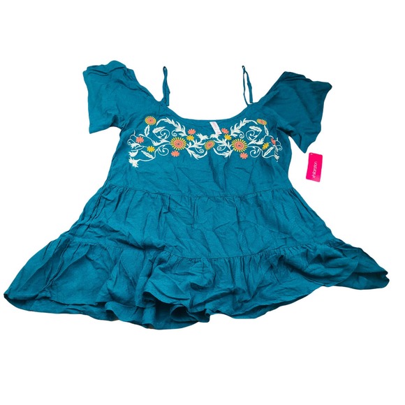8214 NWT xhilaration teal boho floral embroidered cold shoulder top sz small - Picture 1 of 5